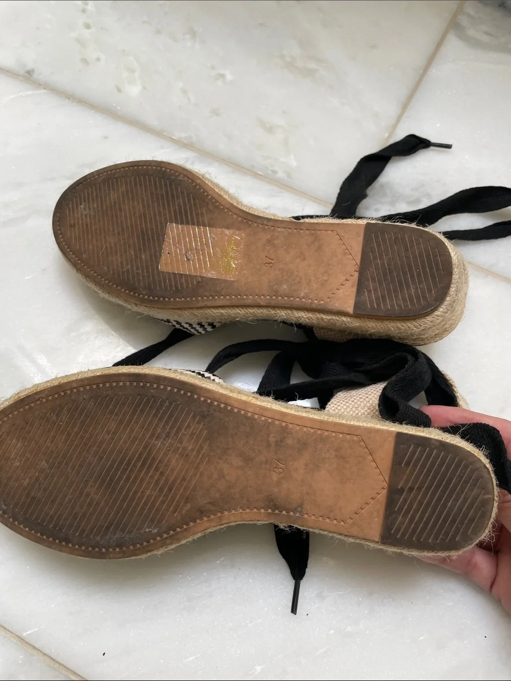 H&M Black and Cream Woven Espadrille Wedge Sandals with Ankle Ties